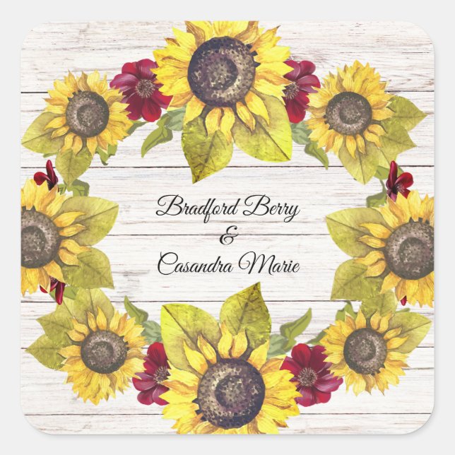 Rustic Weathered White Wood Bride Groom Sunflower  Square Sticker (Front)