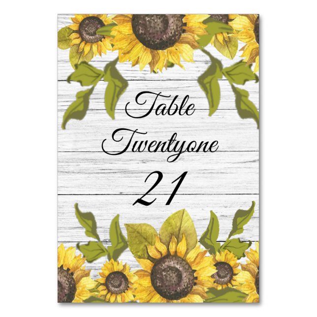 Rustic Weathered White Wood Sunflower Table Number (Front)