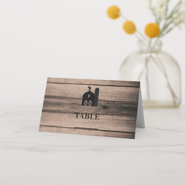 Rustic Weathered Wood Black Barn Wedding Table Place Card (Front)