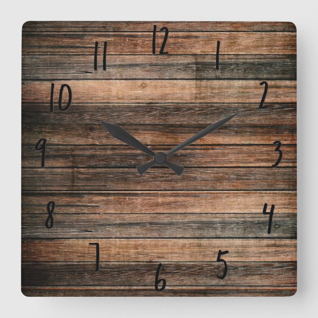Rustic Weathered Wood Brown Barn Country Farmhouse Square Wall Clock (Front)