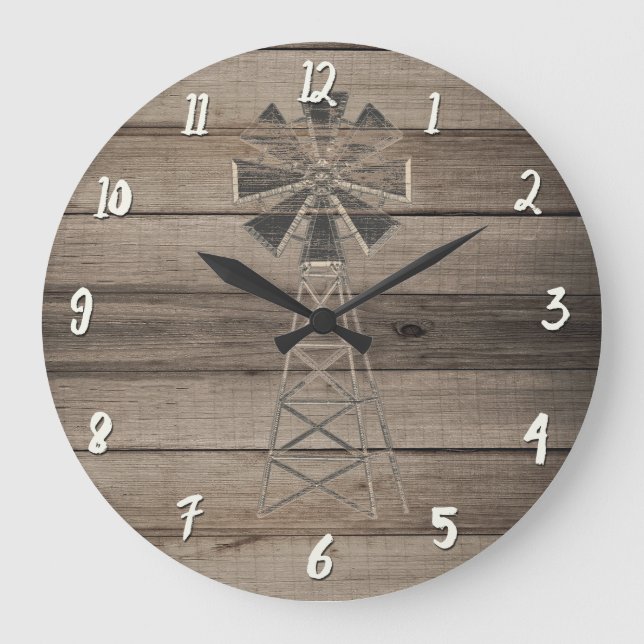 Rustic Weathered Wood Country Wind Mill Large Clock (Front)