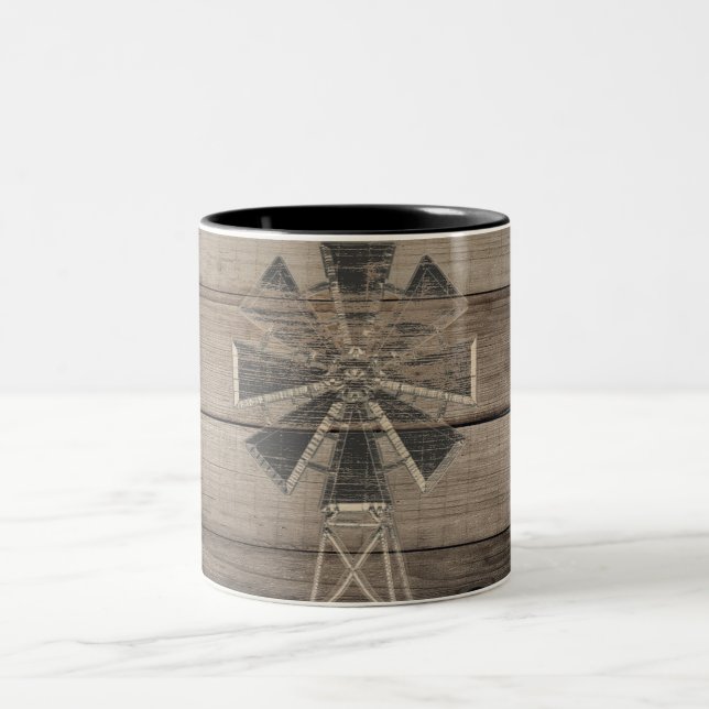 Rustic Weathered Wood Country Wind Mill Two-Tone Coffee Mug (Center)