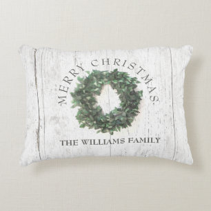 Rustic Weathered Wood Laurel Wreath Monogrammed Decorative Cushion