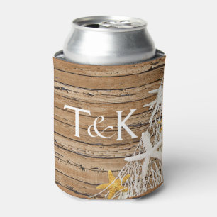 Rustic Weathered Wood Starfish Netting brown Can Cooler