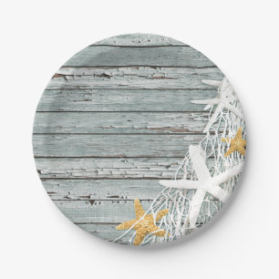Rustic Weathered Wood Starfish Netting grey Paper Plate