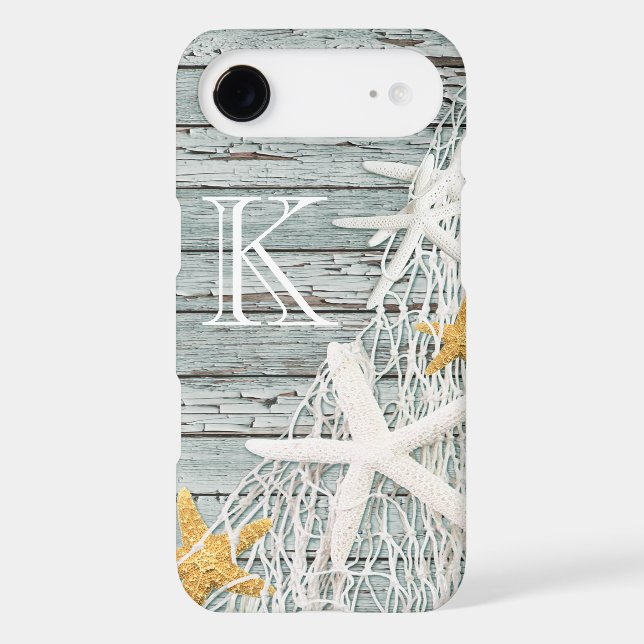 Rustic Weathered Wood Starfish Netting Monogram Case-Mate iPhone Case (Back)