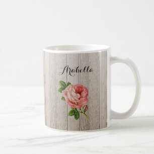 Rustic Weathered Wood Vintage Pink Rose With Name Coffee Mug