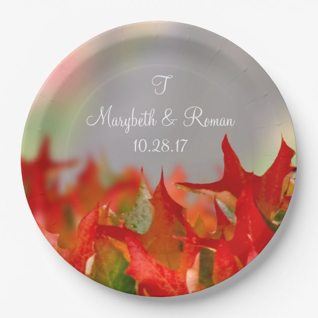 Rustic Wedding Autumn Leaves Name Monogram Fall Paper Plate (Front)