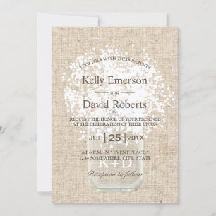 Rustic Wedding Baby's Breath Mason Jar Invitation