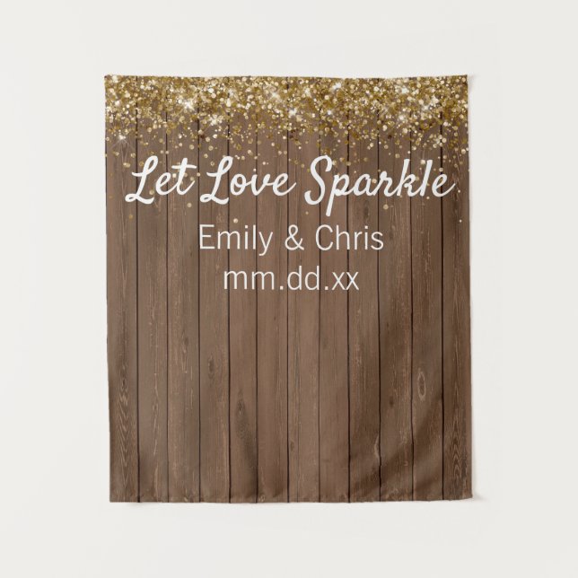 Rustic Wedding Backdrop, Wood Sparkle Photo Booth Tapestry (Front)