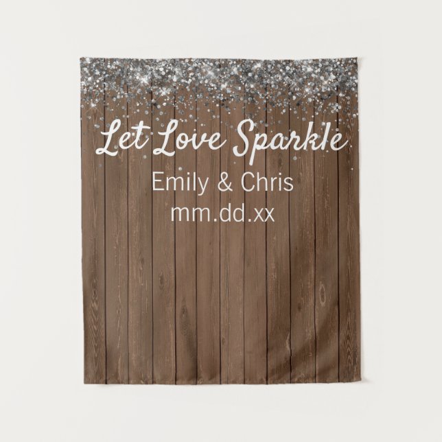 Rustic Wedding Backdrop, Wood Twinkle Photo Booth Tapestry (Front)