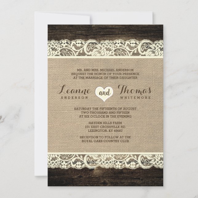 Rustic Wedding | Barn Wood Lace and Burlap Invitation (Front)