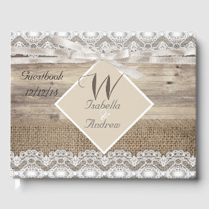 Rustic Wedding Beige Lace Wood Burlap Guestbook