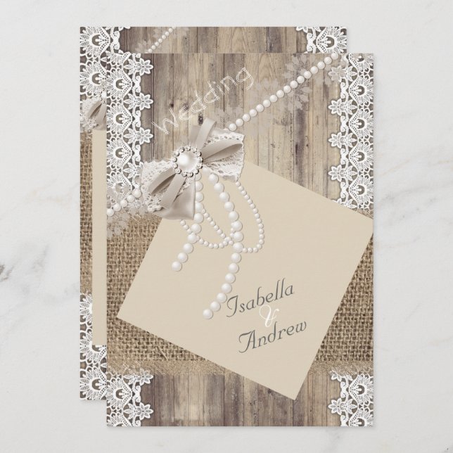Rustic Wedding Beige Pearl Lace Wood Burlap 4 Invitation (Front/Back)