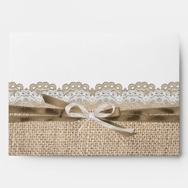 Rustic Wedding Beige White Lace Burlap Long Envelope (Front)