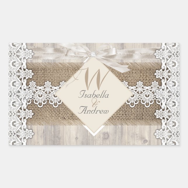 Rustic Wedding Beige White Lace Wood Burlap AB Rectangular Sticker (Front)