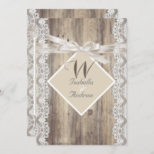Rustic Wedding Beige White Lace Wood Invitation