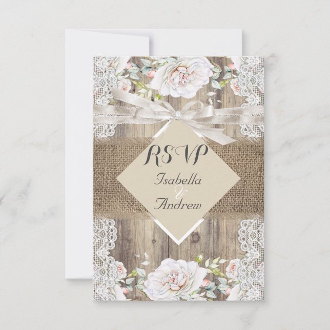 Rustic Wedding Beige White Roses Wood RSVP Card (Front)