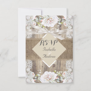Rustic Wedding Beige White Roses Wood RSVP Card