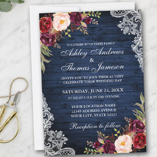 Rustic Wedding Blue Wood Burgundy Floral Lace Invitation