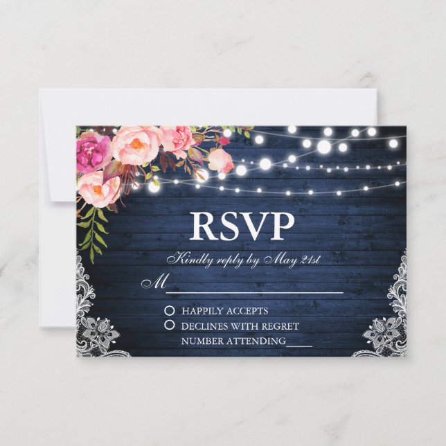 Rustic Wedding Blue Wood Floral Lights Lace RSVP (Front)