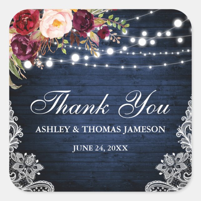Rustic Wedding Blue Wood Lights Floral Thank You Square Sticker (Front)