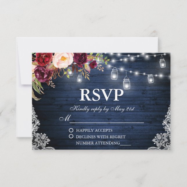 Rustic Wedding Blue Wood Lights Jars Floral RSVP Card (Front)