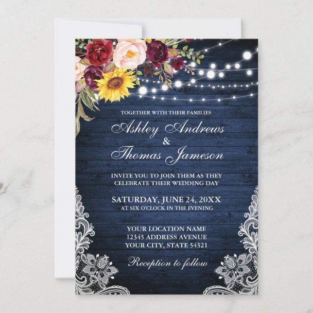 Rustic Wedding Blue Wood Lights Lace Floral Invitation (Front)