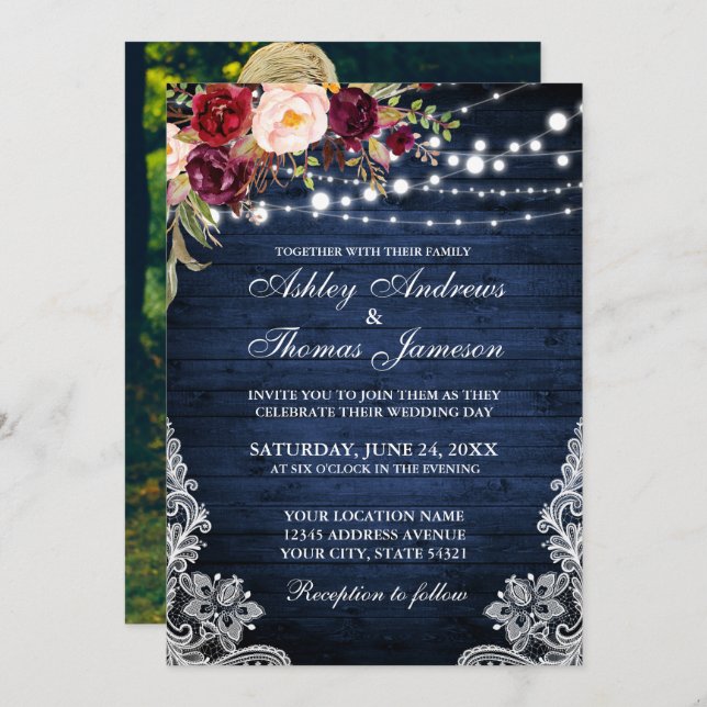 Rustic Wedding Blue Wood Lights Lace Floral Photo Invitation (Front/Back)