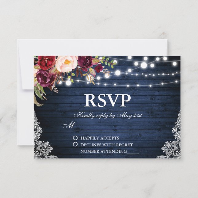 Rustic Wedding Blue Wood Lights Lace Floral RSVP Card (Front)