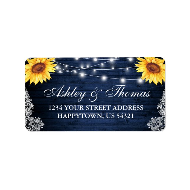 Rustic Wedding Blue Wood Lights Sunflowers Address Label (Front)