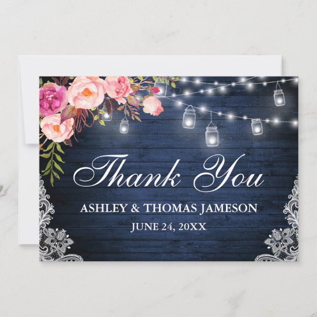Rustic Wedding Blue Wood Pink Floral Jar Lights Thank You Card (Front)
