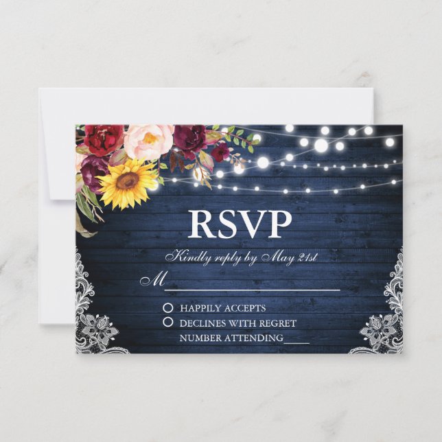 Rustic Wedding Blue Wood String Lights Lace Floral RSVP Card (Front)