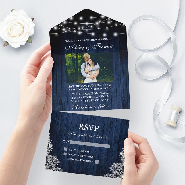 Rustic Wedding Blue Wood String Lights Lace Photo All In One Invitation (All In One Wedding Invitation with tear off RSVP Card)