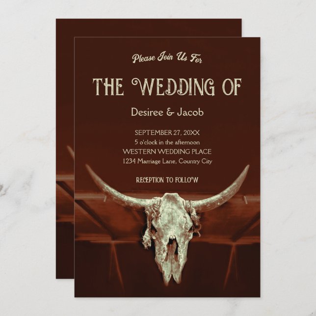 Rustic Wedding Brown Western Bull Skull Country  Invitation (Front/Back)