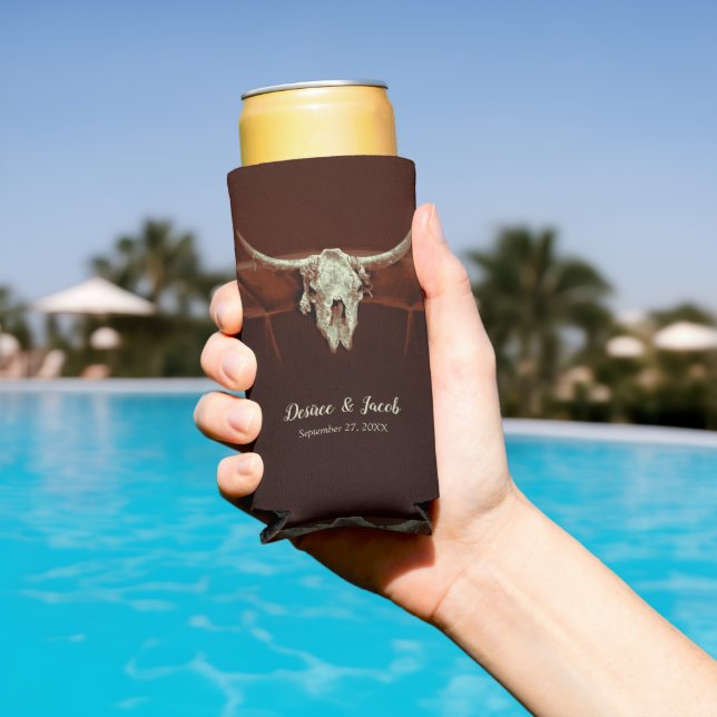 Rustic Wedding Brown Western Bull Skull Country Seltzer Can Cooler (In Situ Pool)