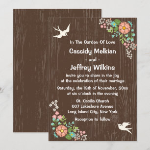 Rustic Wedding Brown Wood Pink Floral Doves Invitation