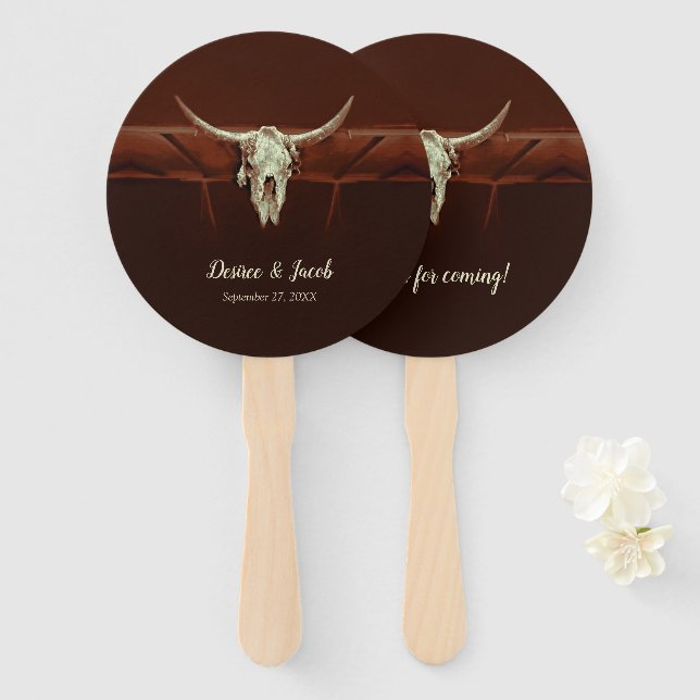 Rustic Wedding Bull Skull Brown Country Western Hand Fan (Front and Back)