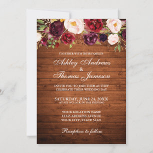 Rustic Wedding Burgundy Floral Wood Invite
