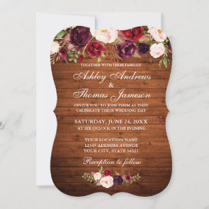 Rustic Wedding Burgundy Floral Wood Invite B