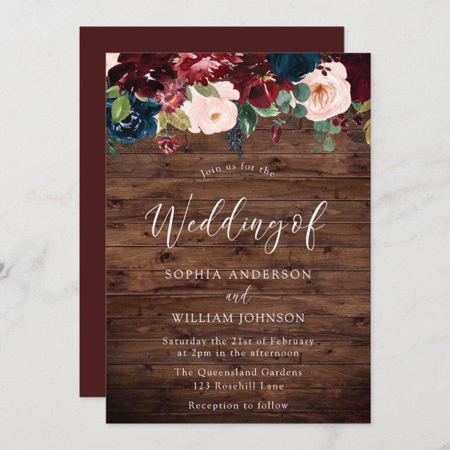 Rustic Wedding: Burgundy, Navy & Blush Flowers Invitation (Front/Back)