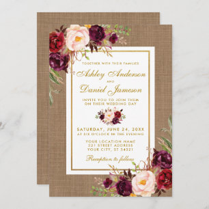 Rustic Wedding Burlap Burgundy Wedding Invite