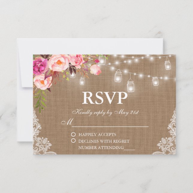 Rustic Wedding Burlap Floral Lights Jars Lace RSVP Card (Front)
