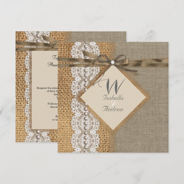 Rustic Wedding Burlap Hessian Lace Pearl Invitation (Front/Back)