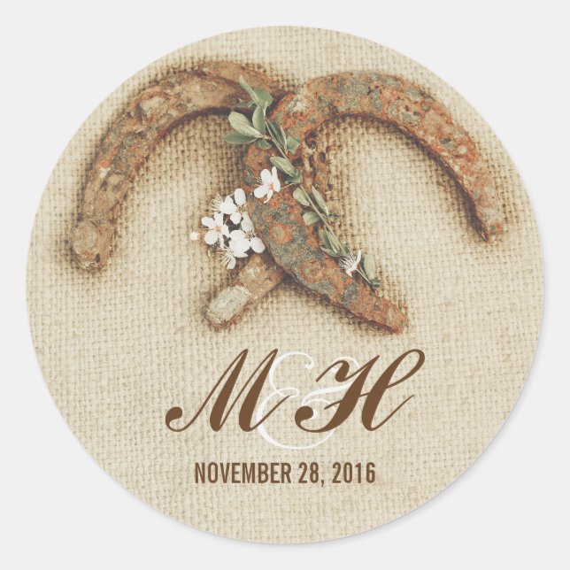 rustic wedding burlap horseshoes stickers (Front)