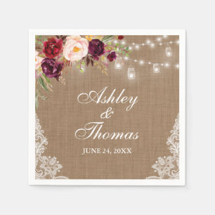 Rustic Wedding Burlap Jar Lights Floral Lace Napkin