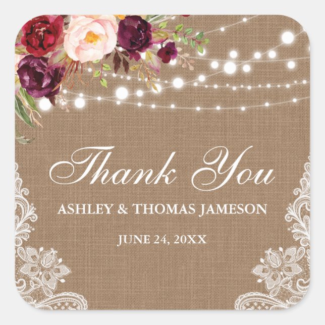 Rustic Wedding Burlap Lace Floral Thank You B Square Sticker (Front)