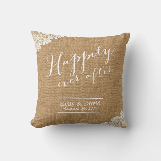 Rustic Wedding Burlap & Lace Happily Ever After Cushion (Front)