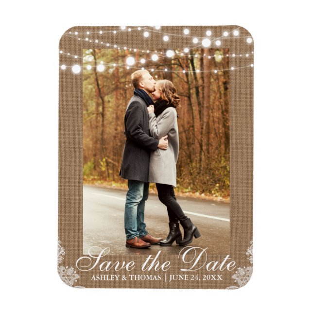Rustic Wedding Burlap Lace Lights Save the Date Magnet (Vertical)