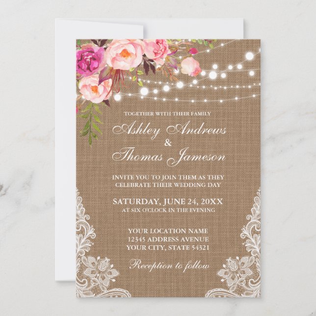 Rustic Wedding Burlap Lights Floral Lace Invite (Front)